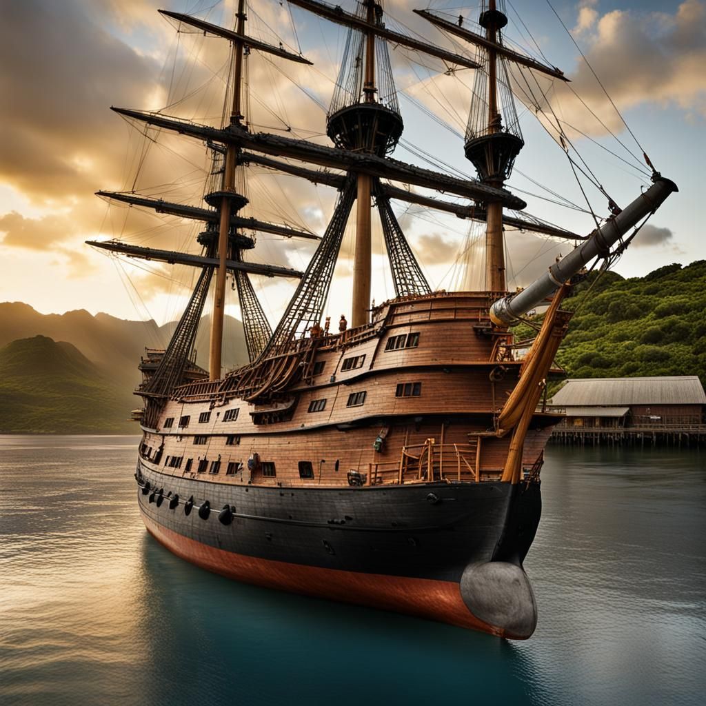 Captain Cook's Endeavour in Pacific Harbor: Realistic Portra...