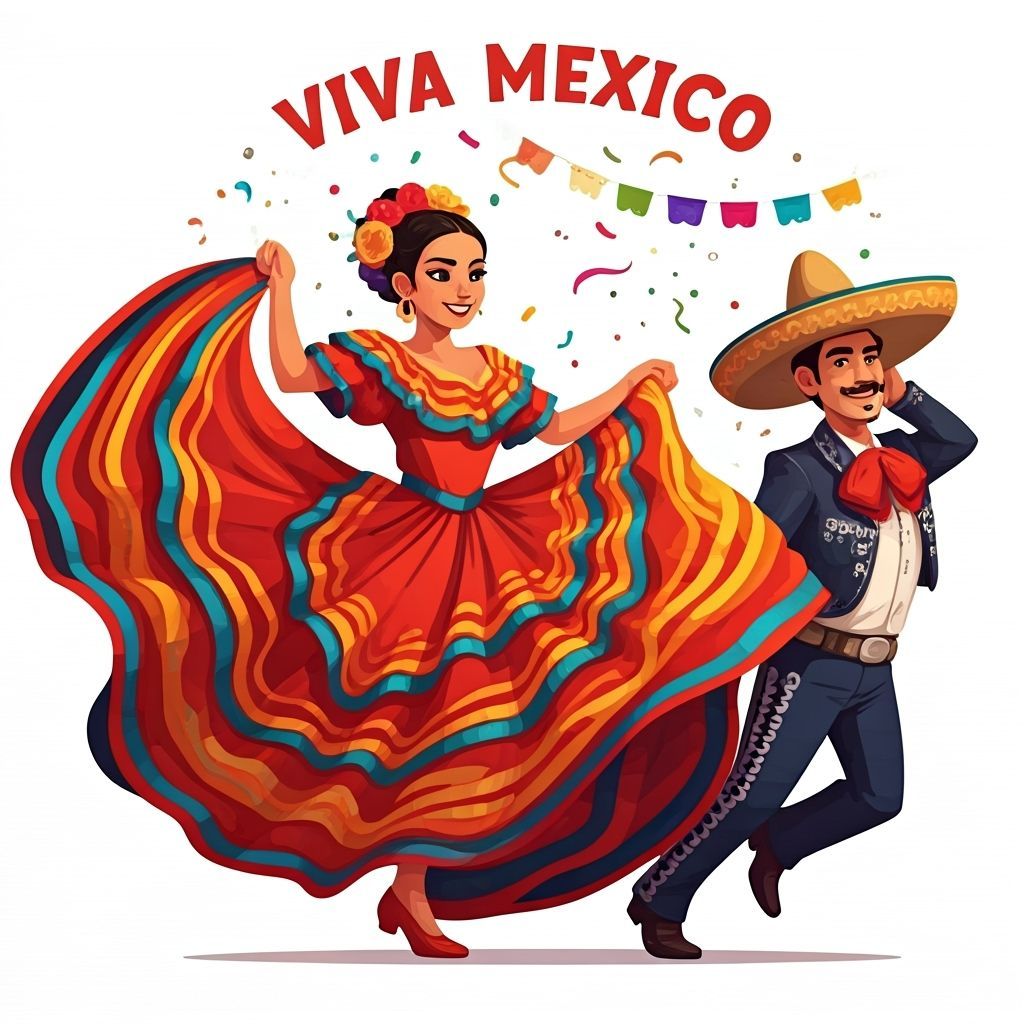 Vibrant Mexican Folkloric Dancers in Cartoon Style