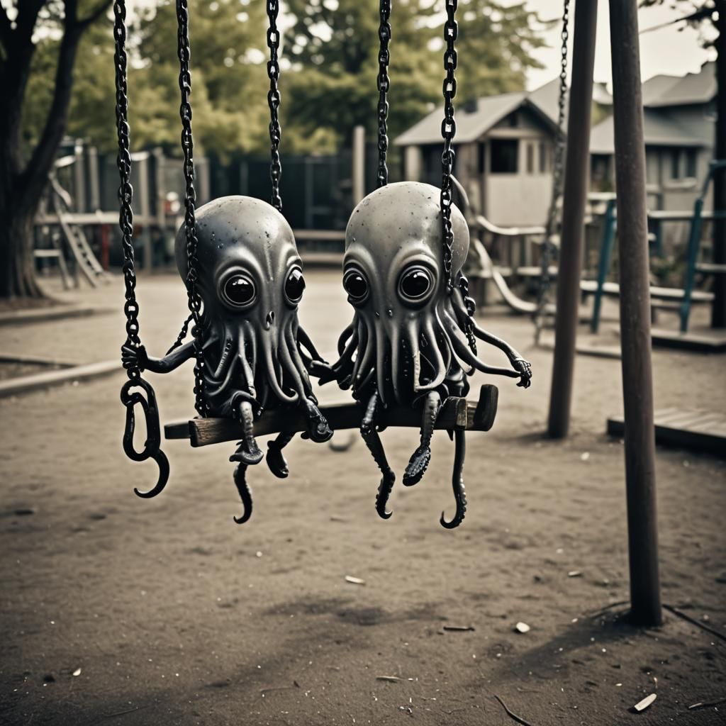 Surreal Playground Scene with Evil Squid