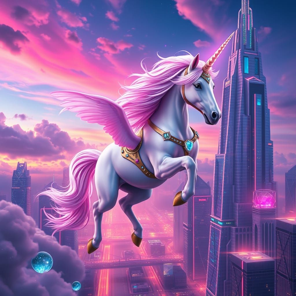 Lone Unicorn Soars Through Neon Dreamscapes in Cyberpunk Sty...