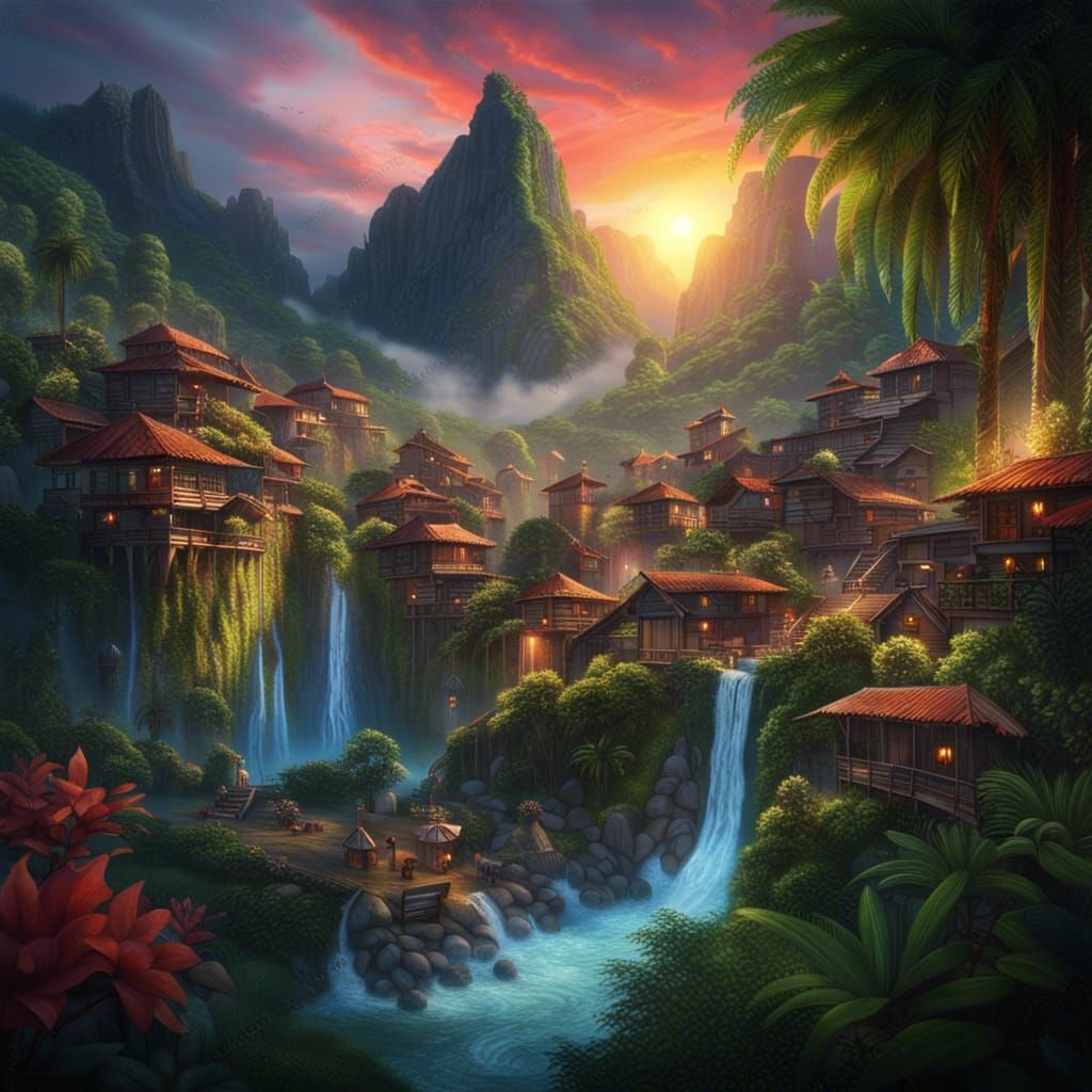 Hyperrealistic Balinese Village at Sunset