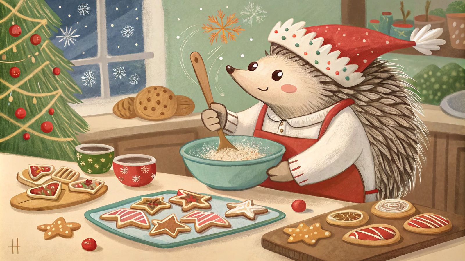 Christmas Hedgehog Chef in Whimsical Kitchen