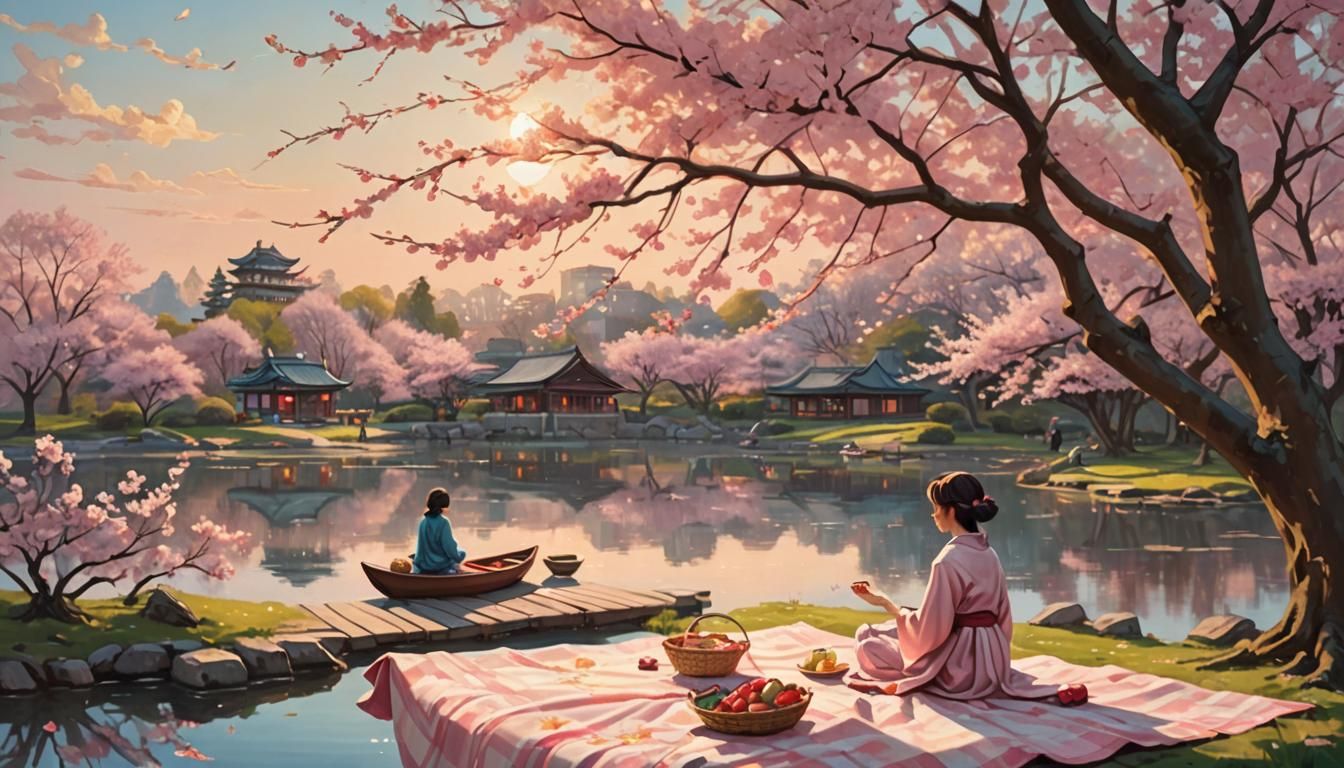 Cherry Blossom Picnic in Dreamy Oil Painting Style