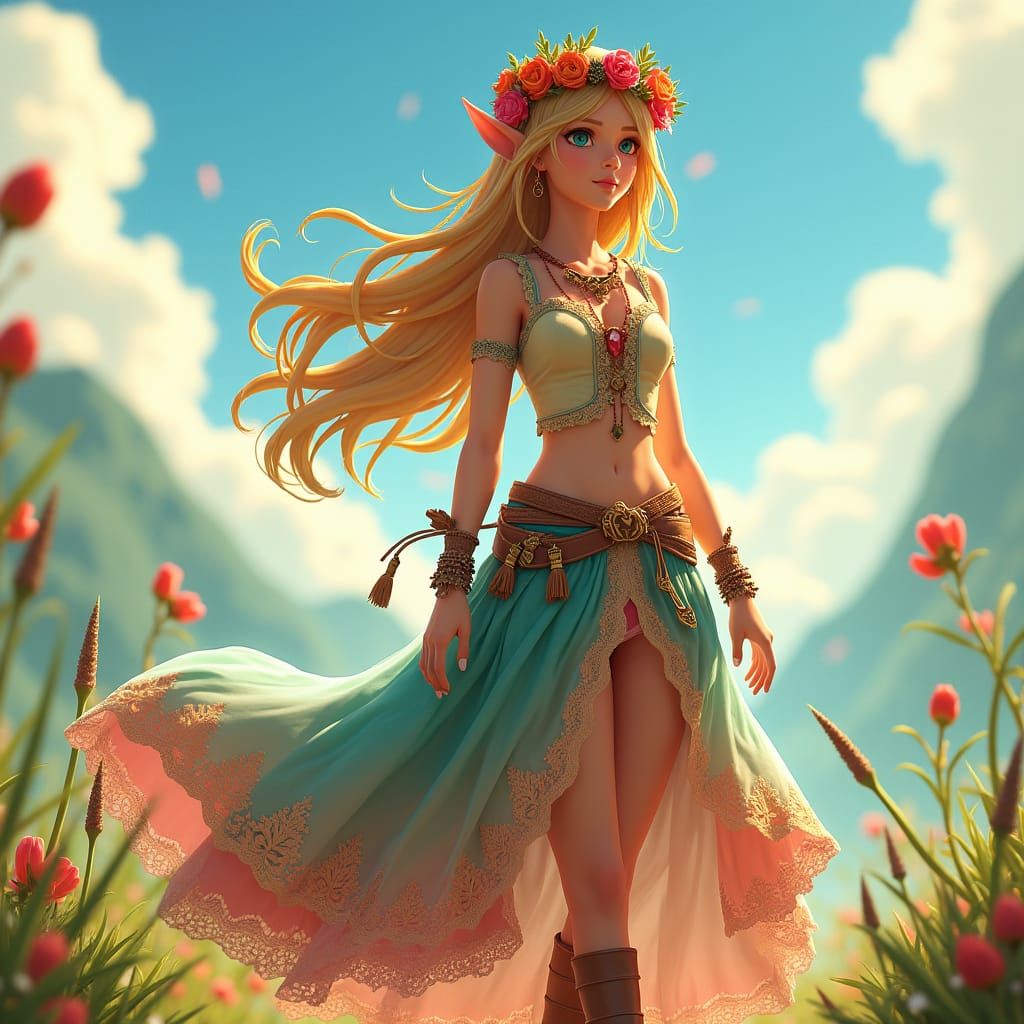 Elf Maiden in Bohemian Skirt, Anime Style