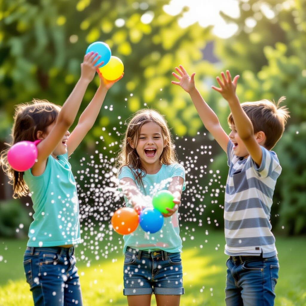 Kids Playing with Water Balloons on a Summer Day
