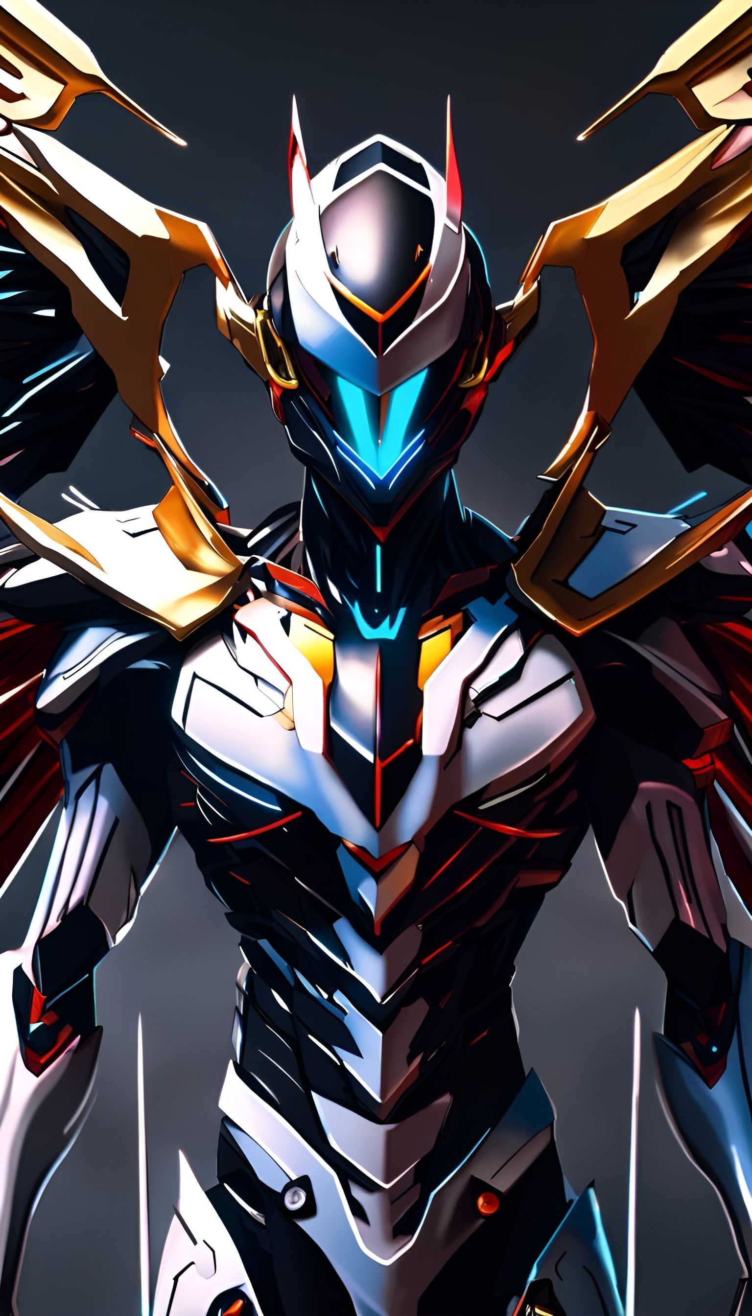 Evangelion, blood colored cross helmet with black valyrie wings, all blac and red color scheme triangular blue circular...