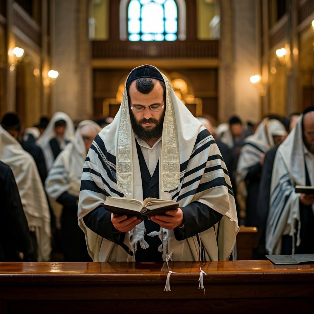 Jewish Men Praying in Synagogue with Soft Natural Light
