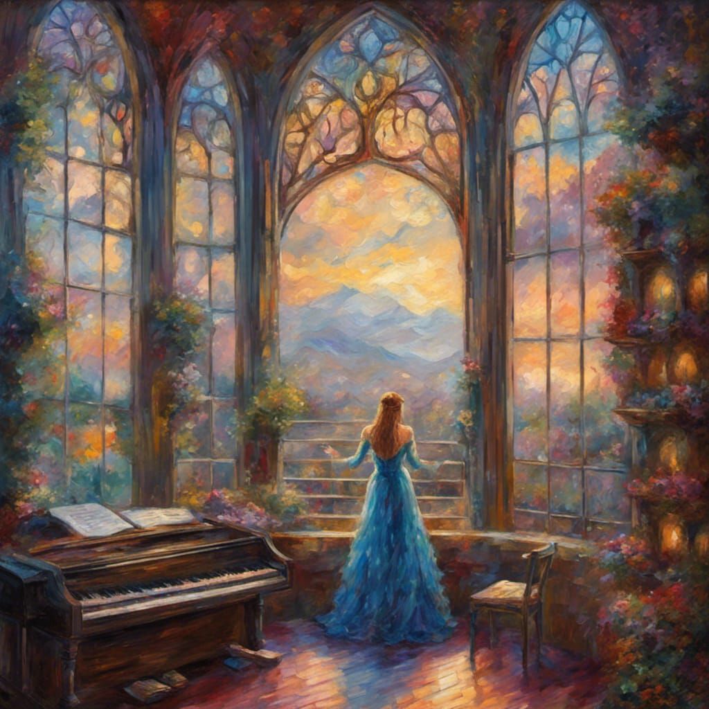 Elf Singer in Fantasy Music Hall, Impressionist Oil Painting