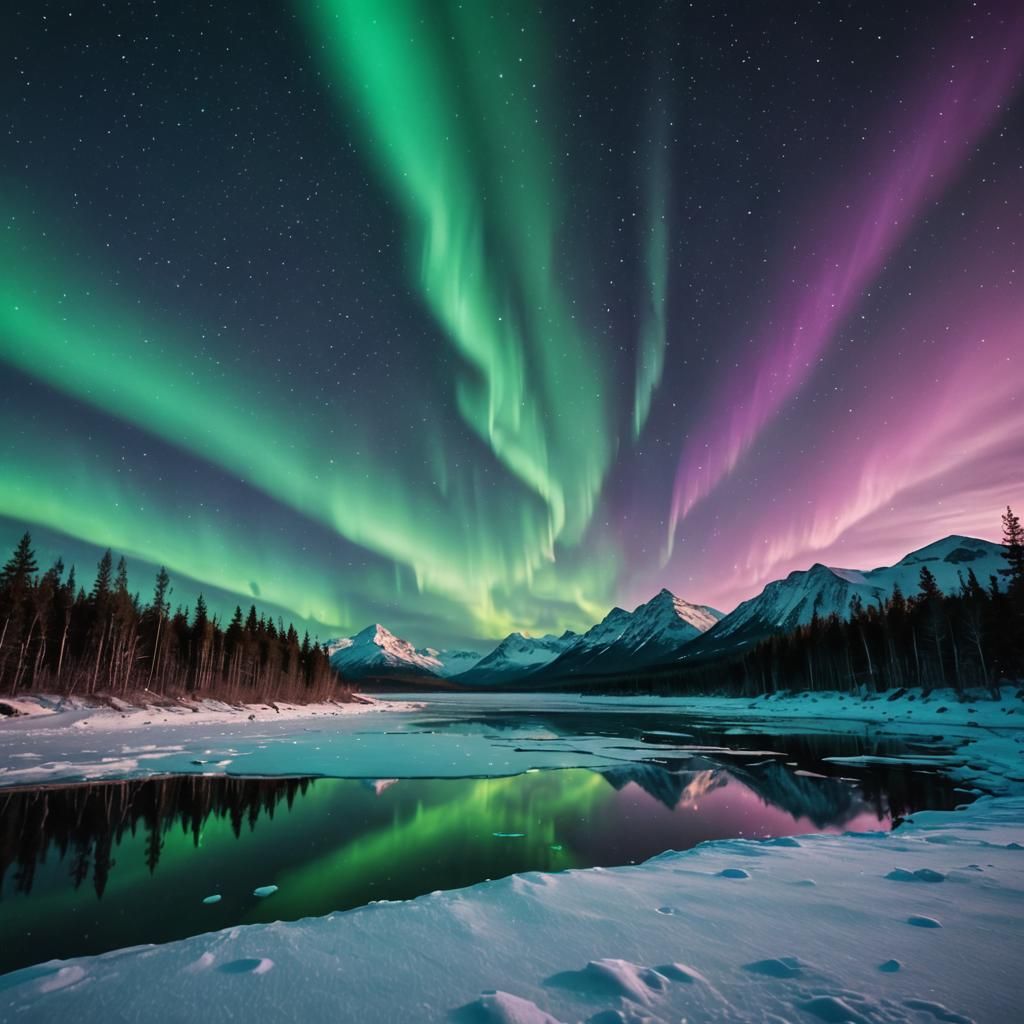 Aurora Borealis Over Frozen Lake in Magical Realism