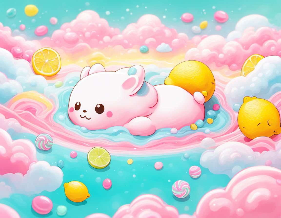 Kawaii kitten swimming in a candy wonderland in Candy Coated...