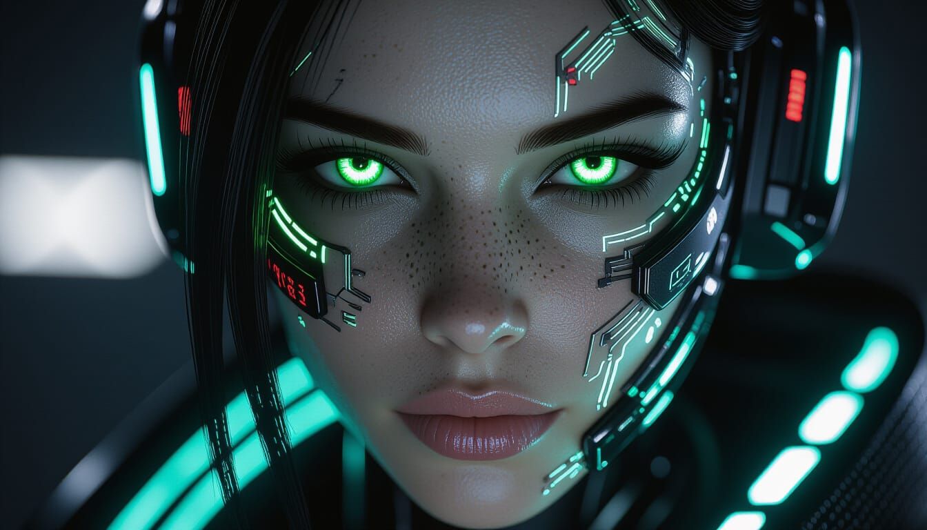 Cyberpunk Girl Portrait With Glowing Green Eyes