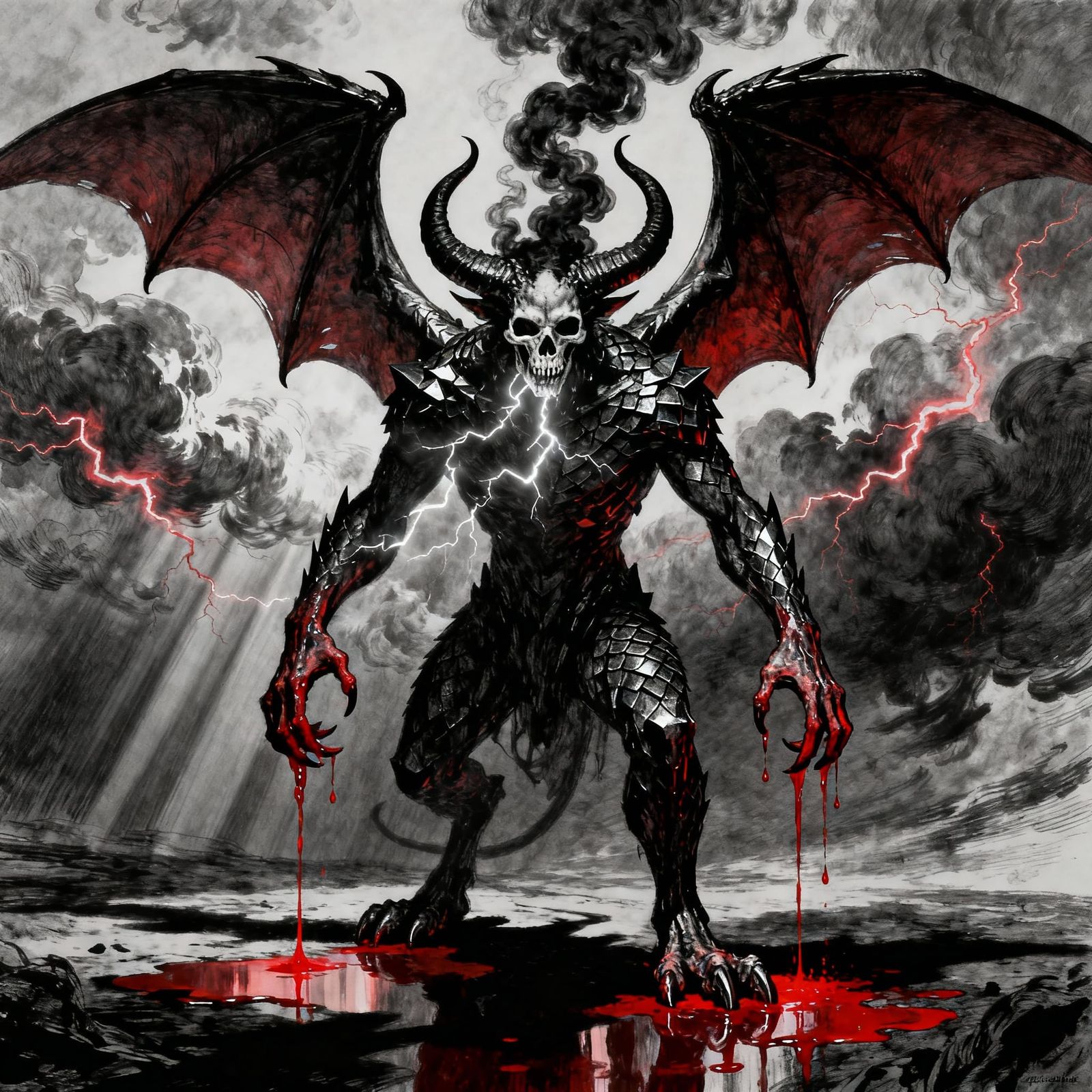Demonic Figure in Sky with Flowing Blood
