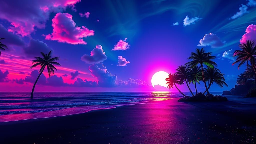 Neon Beach with Palm Trees in Stained Glass Style