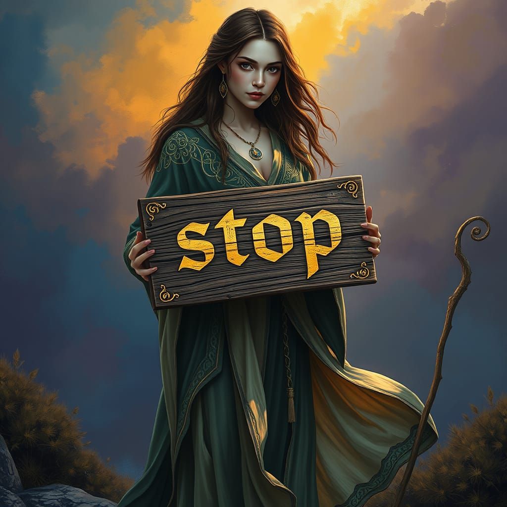 Mystical Woman Holding a Worn Sign in a Vibrant Fantasy Land...