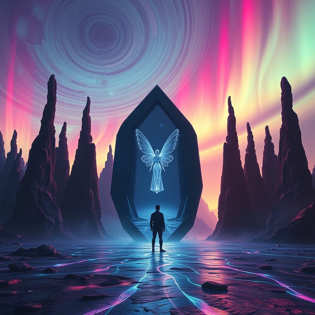 Surreal Fairy Reflection Under Aurora Sky