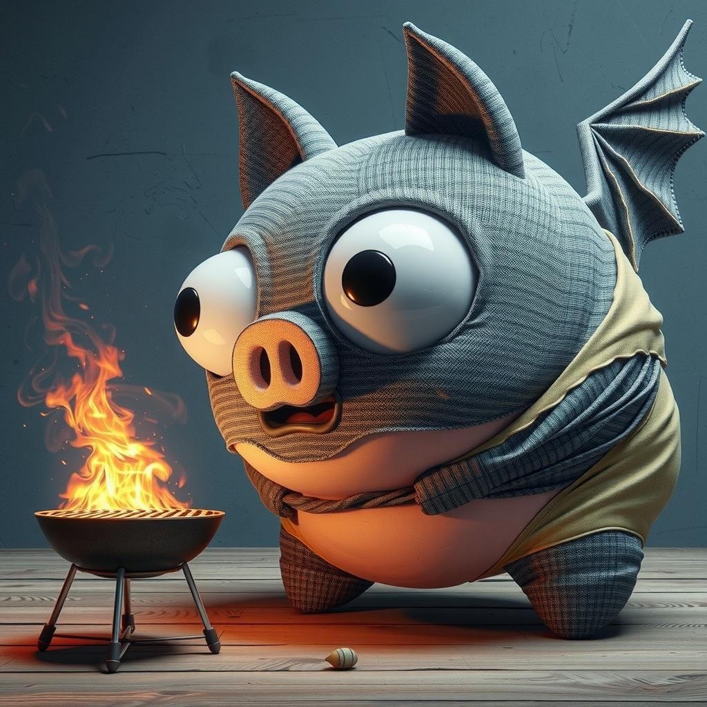 Frightened Batman Pig on Burning Grill in 8K