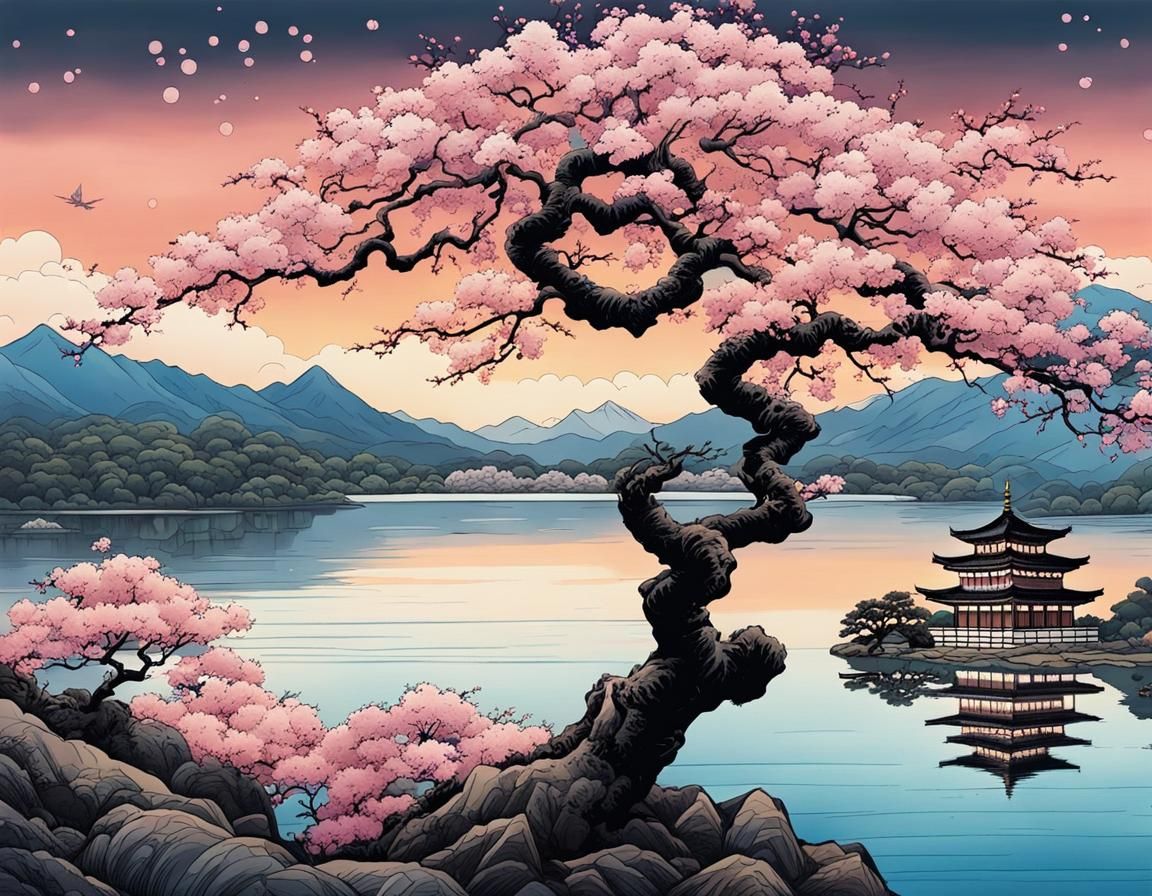 A beautiful ancient sakura tree in front of a lake.