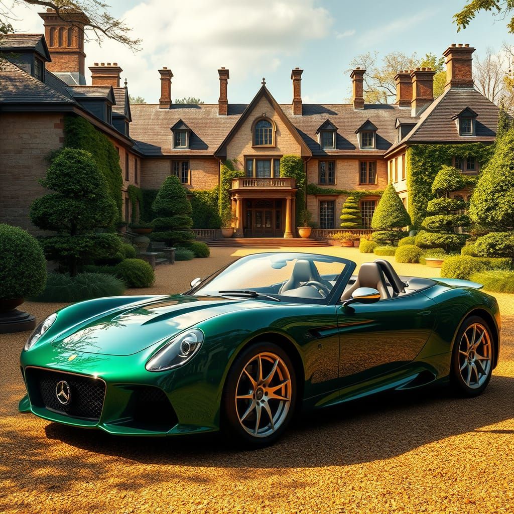 Emerald Green Sports Car on Country Mansion Forecourt