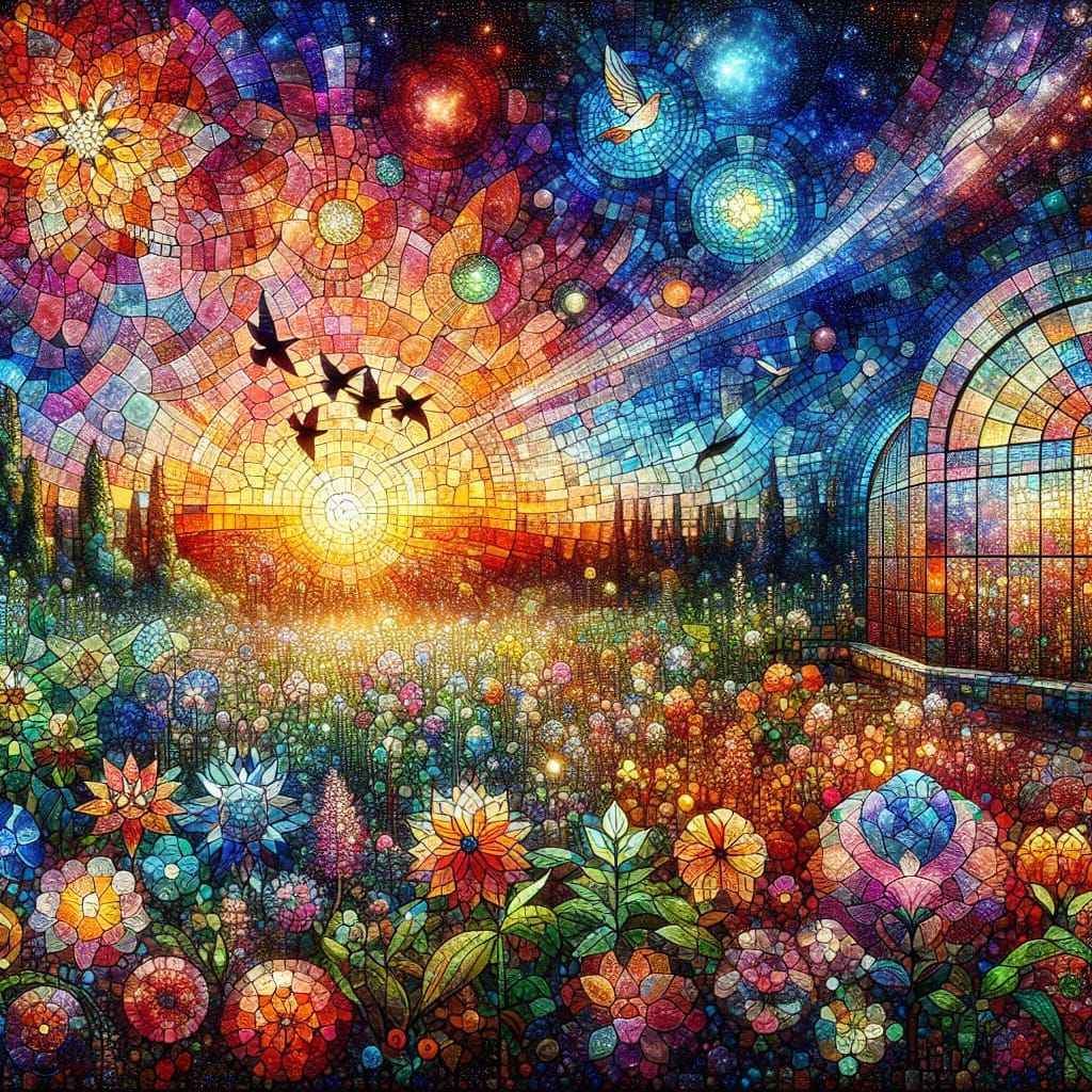 Mosaic Greenhouse with Colorful Blooms at Sunset