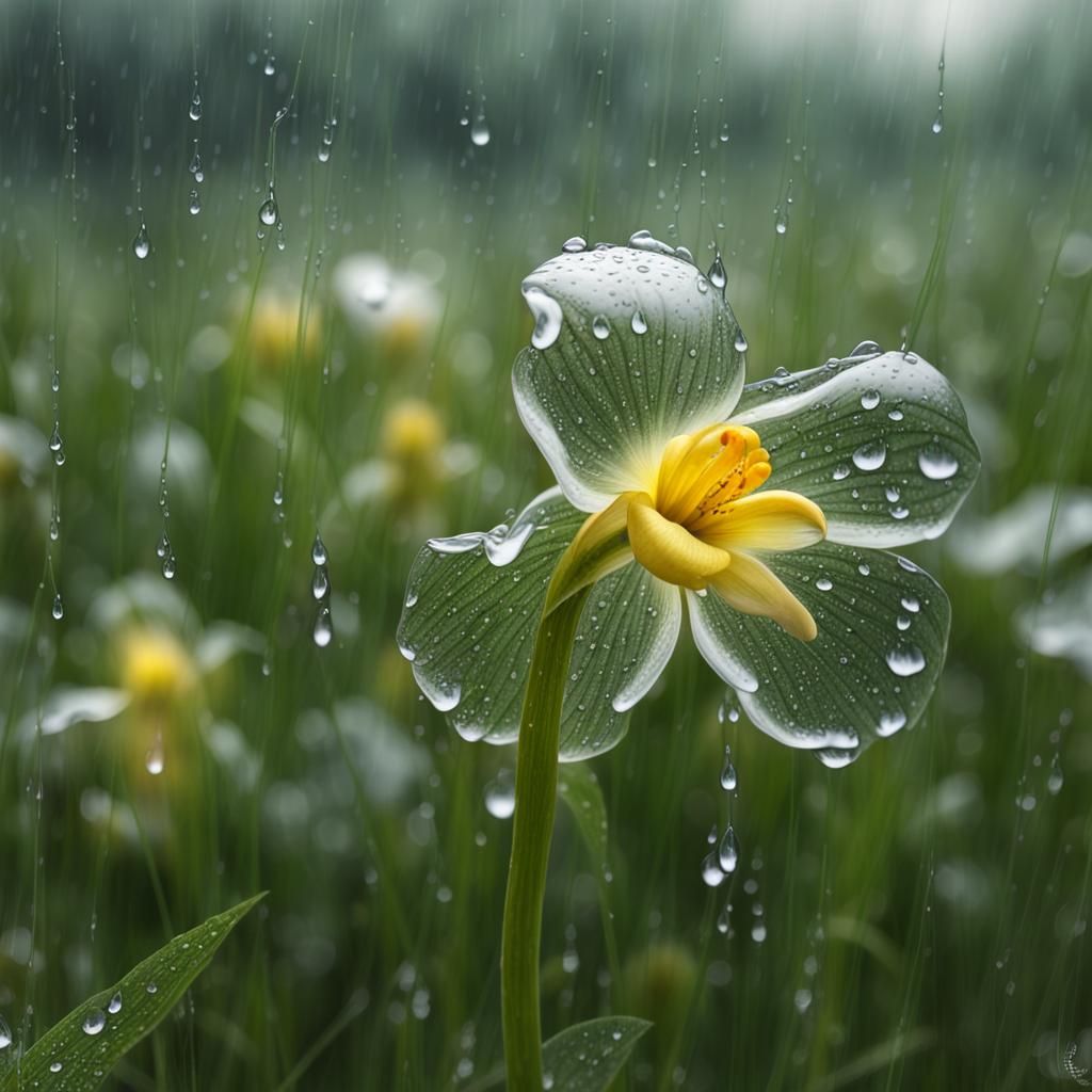Shining Rain Flower in Hyperrealistic Wet Meadow