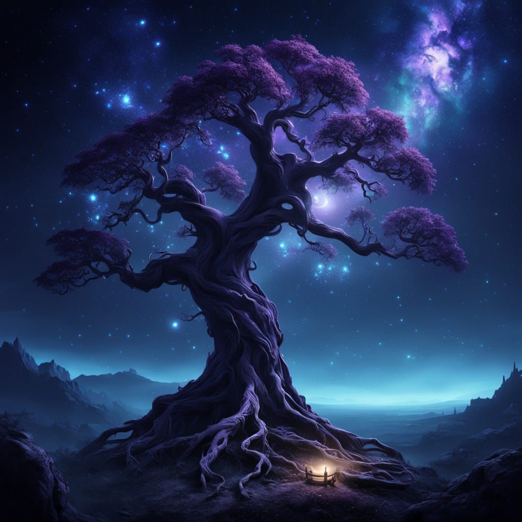 Ancient, Enigmatic Tree in Starry Night Landscape