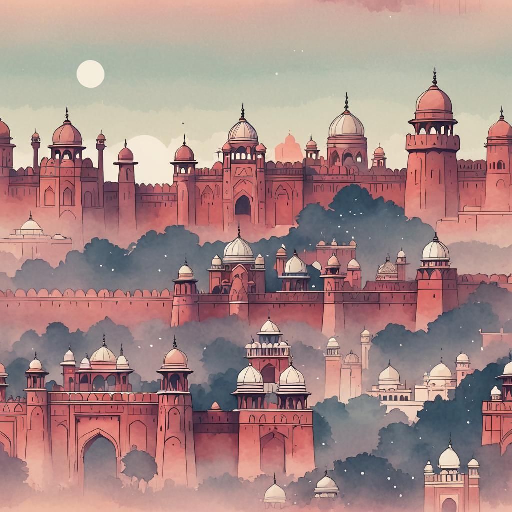 Delhi Cityscape: Minimalist Illustration in Ink Wash Style