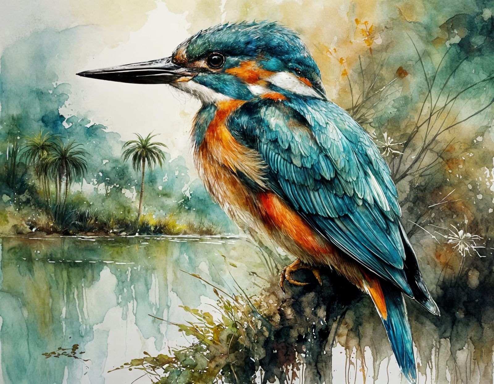 Surreal Kingfisher by the Lake in Intricately Detailed Style