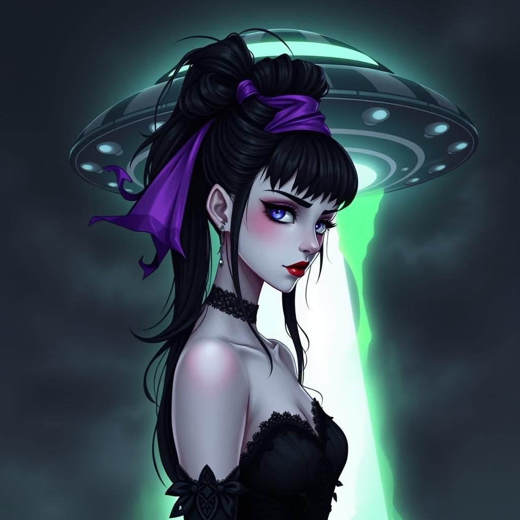 Gothic Woman in UFO Beam, Dark Surrealism