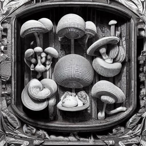 Massive Mushrooms in Glass Case: Linocut Art