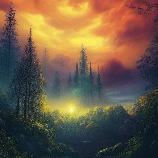 Magical Forest Under Orange Sky in Detailed Matte Painting