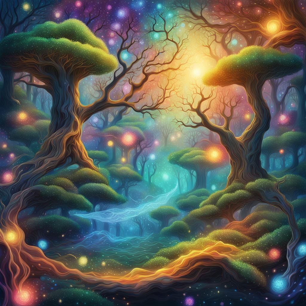 Enchanted Forest with Energy Wisps, Astral Illustration
