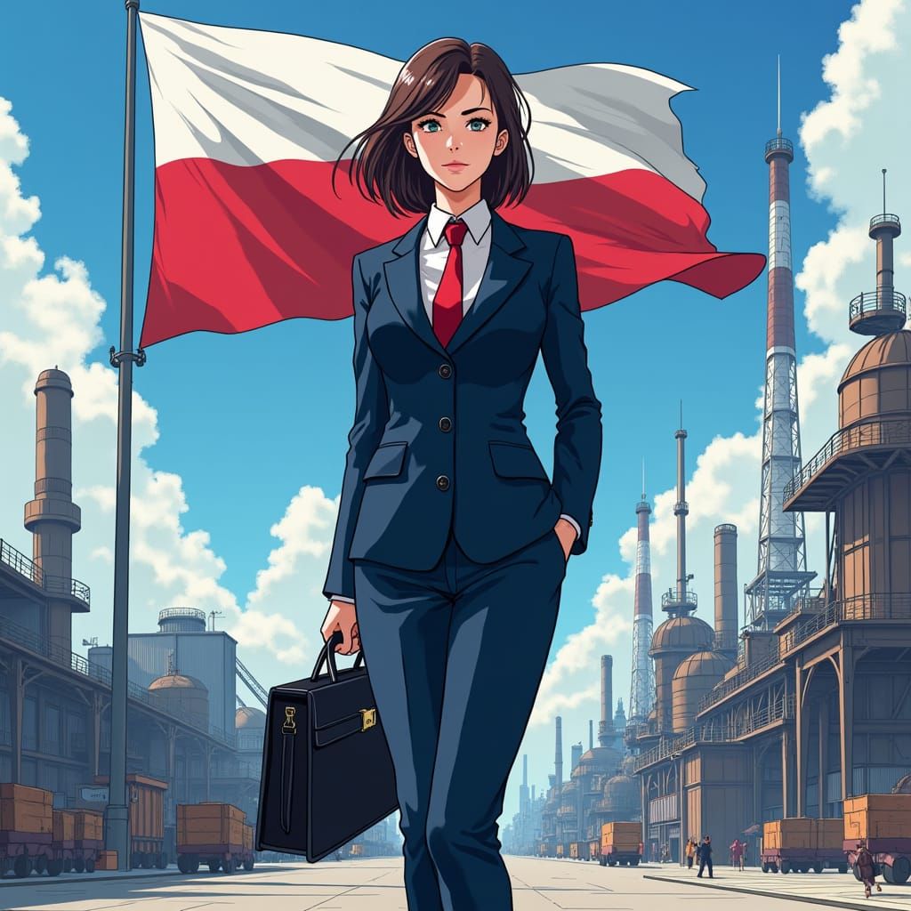 Anime Businesswoman in Polish Industrial Zone