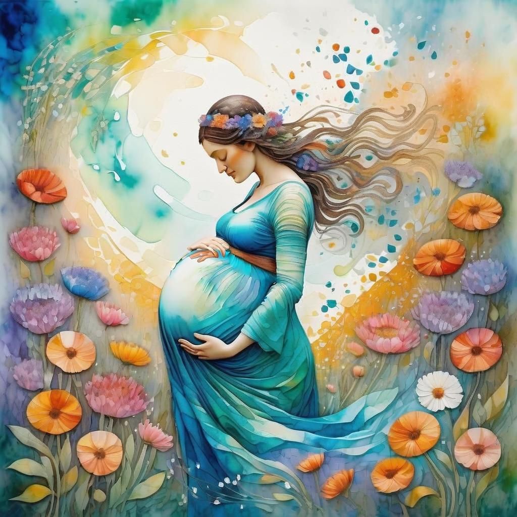 Pregnant Woman in Watercolor Flower Garden