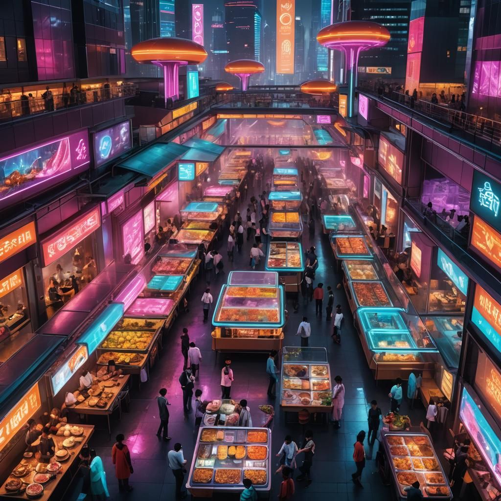 Neon Cityscape: Futuristic Street Food Market