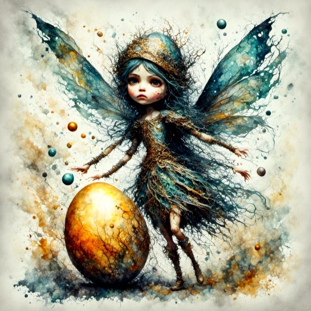 Fairy Dances with Egg at Costume Ball in Watercolor
