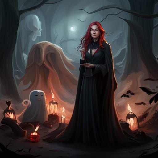 Creepy Teen Witch with Ghosts, Dark Fantasy Art