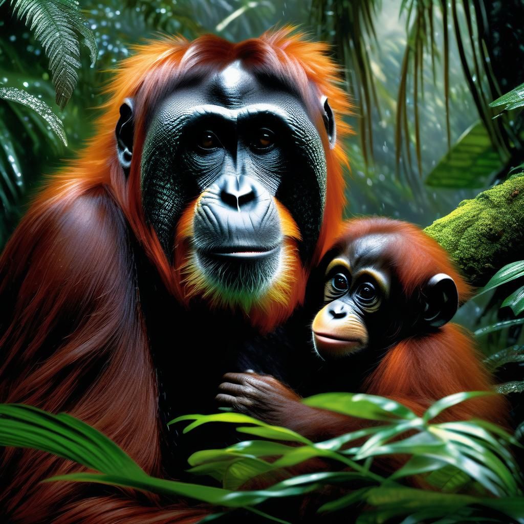 Orangutan Mother in Hyperdetailed Rainforest, Dark Romantici...