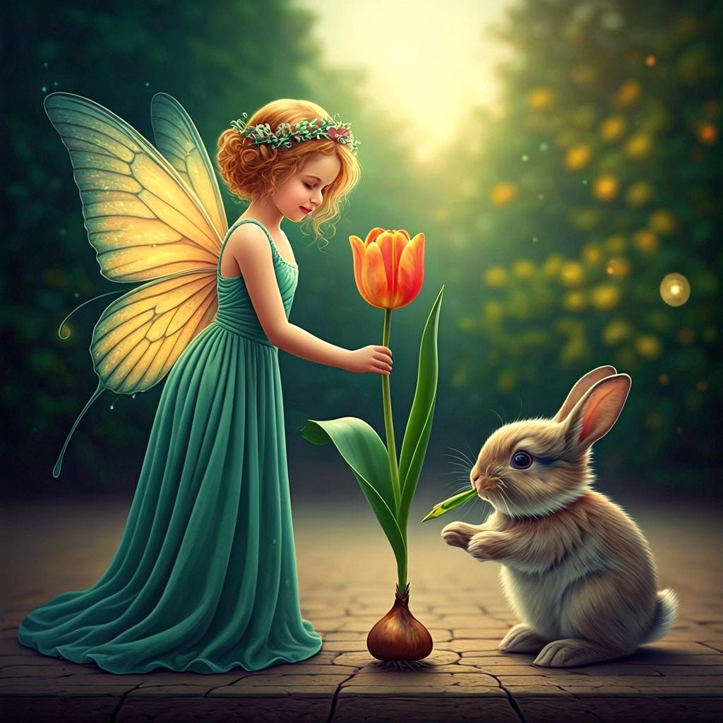 Mischievous Fairy Offers Tulip to Baby Bunny