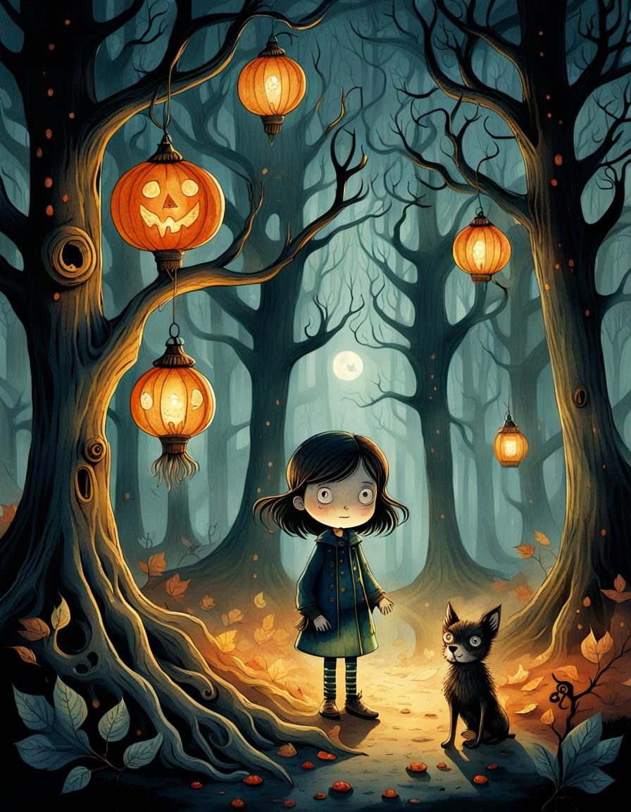 Whimsical Gothic Storybook Scene in Watercolor Style