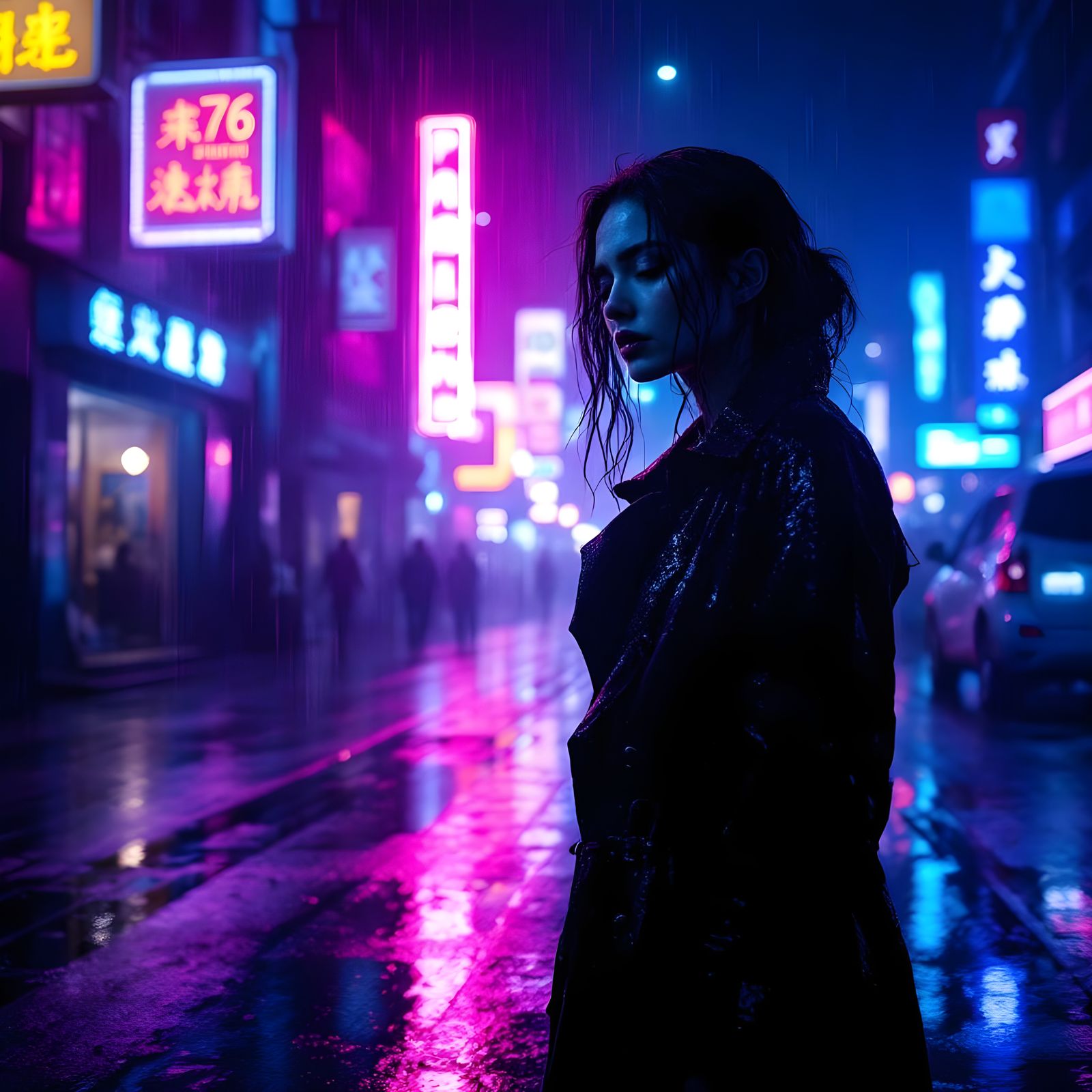 Cyberpunk Woman in Neon Rain Portrait