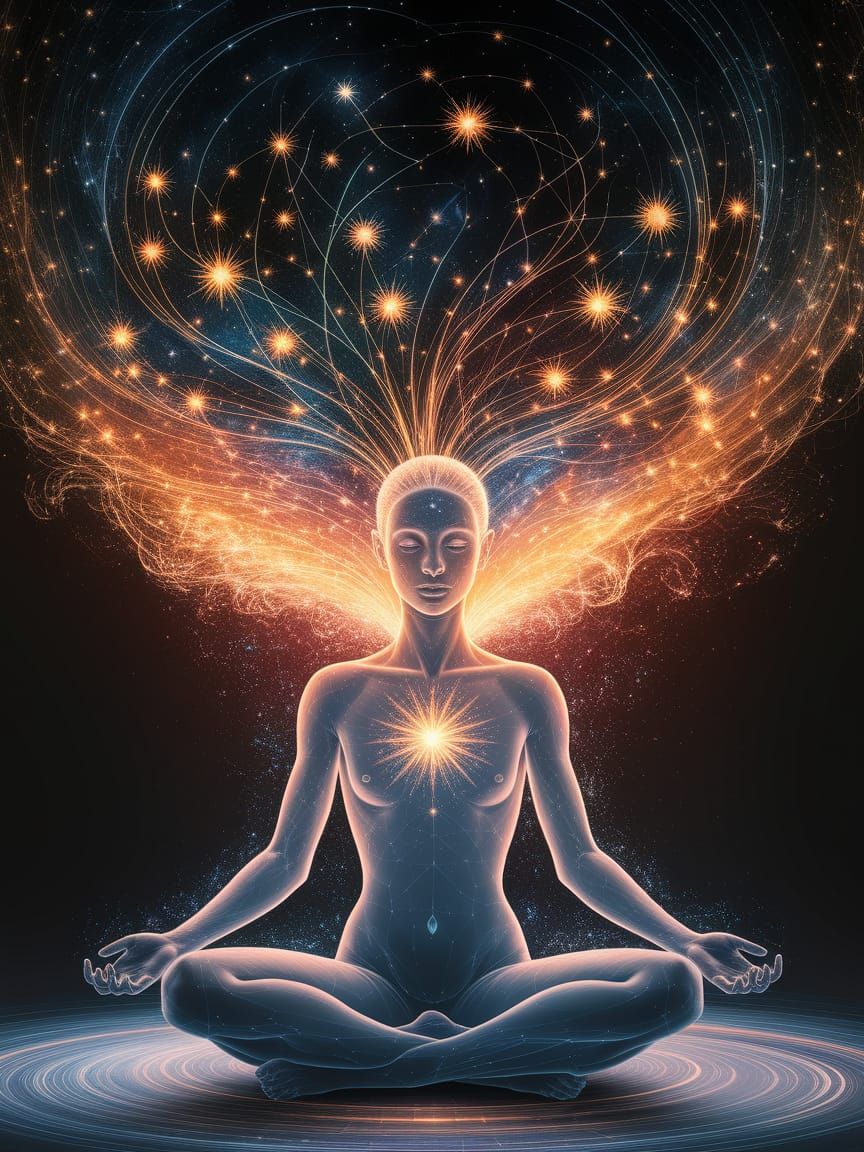 Ethereal Figure Meditating Amidst Cosmic Splendor