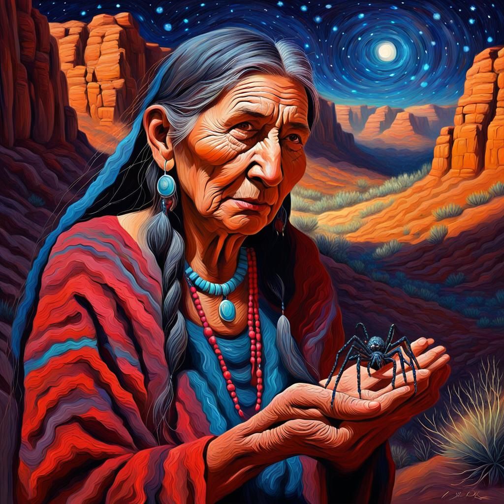 Elderly Woman with Spider: Vivid Impasto Oil Painting