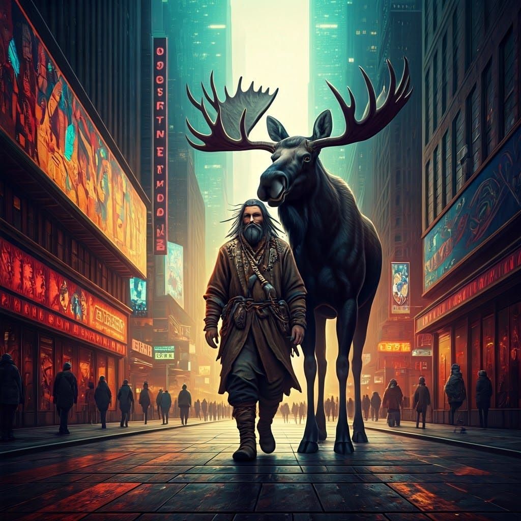 Shaman and Moose Walk Through City in Hyperrealism