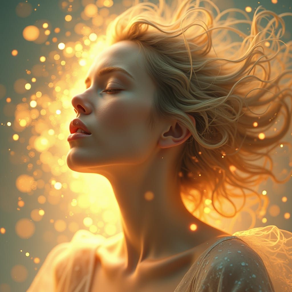Luminous Woman in Celestial Aura: A Futuristic Dreamscape