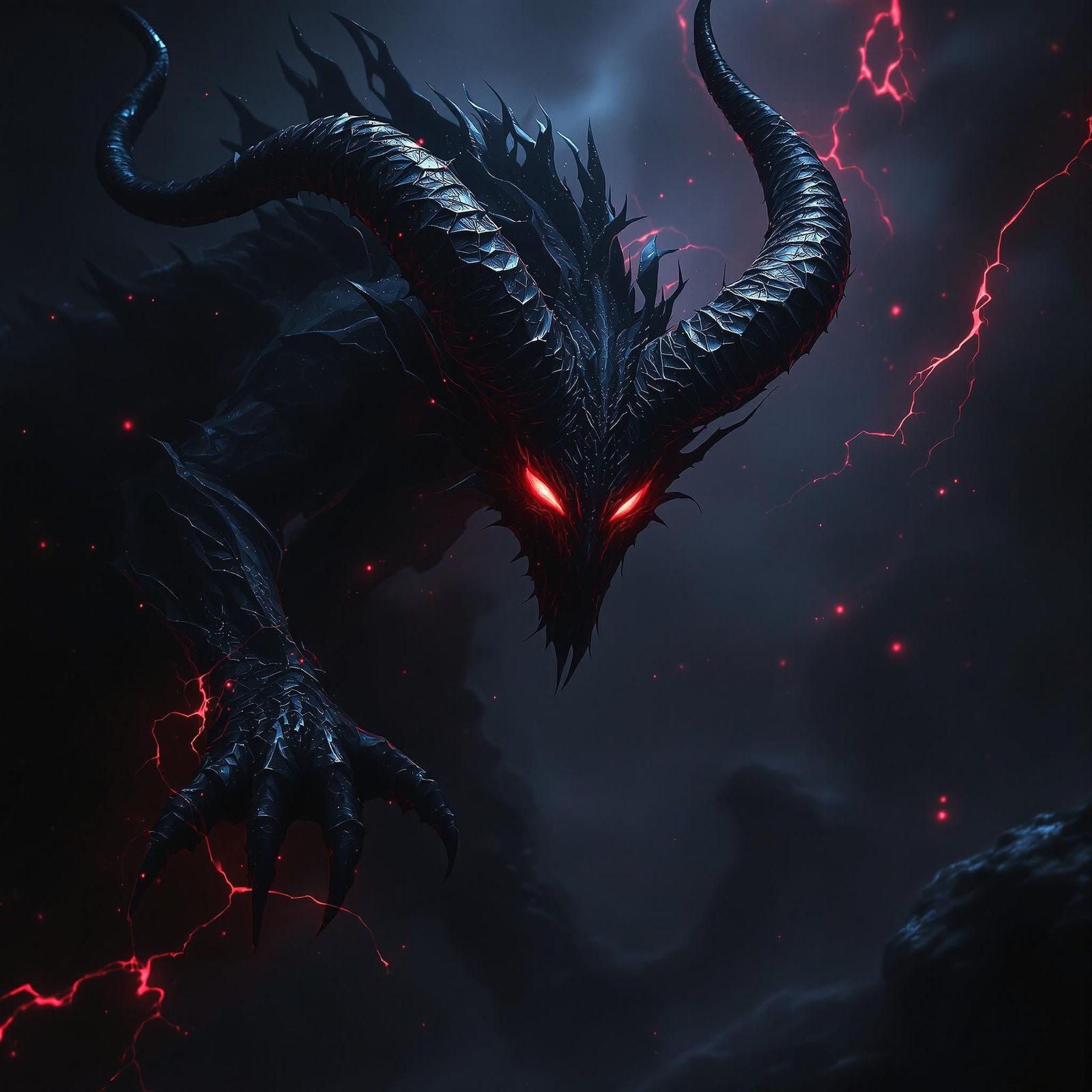 Dark Elegant Demon in Black Void with Glowing Crimson Eyes