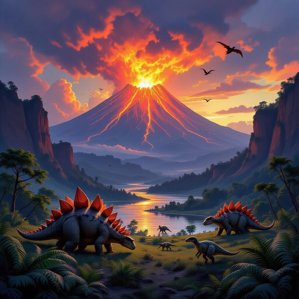 Jurassic Landscape with Volcano in Paleoart Style