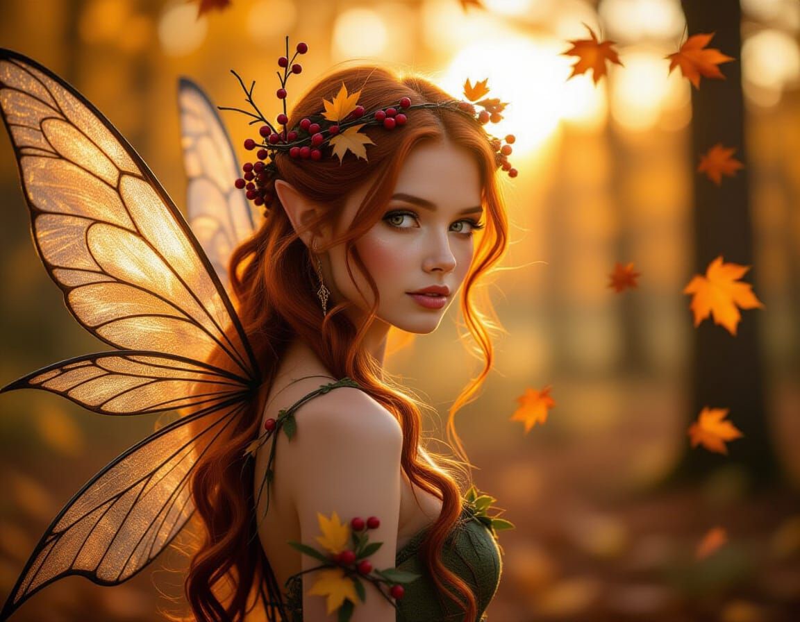 Photorealistic Fairy in Enchanted Autumn Forest