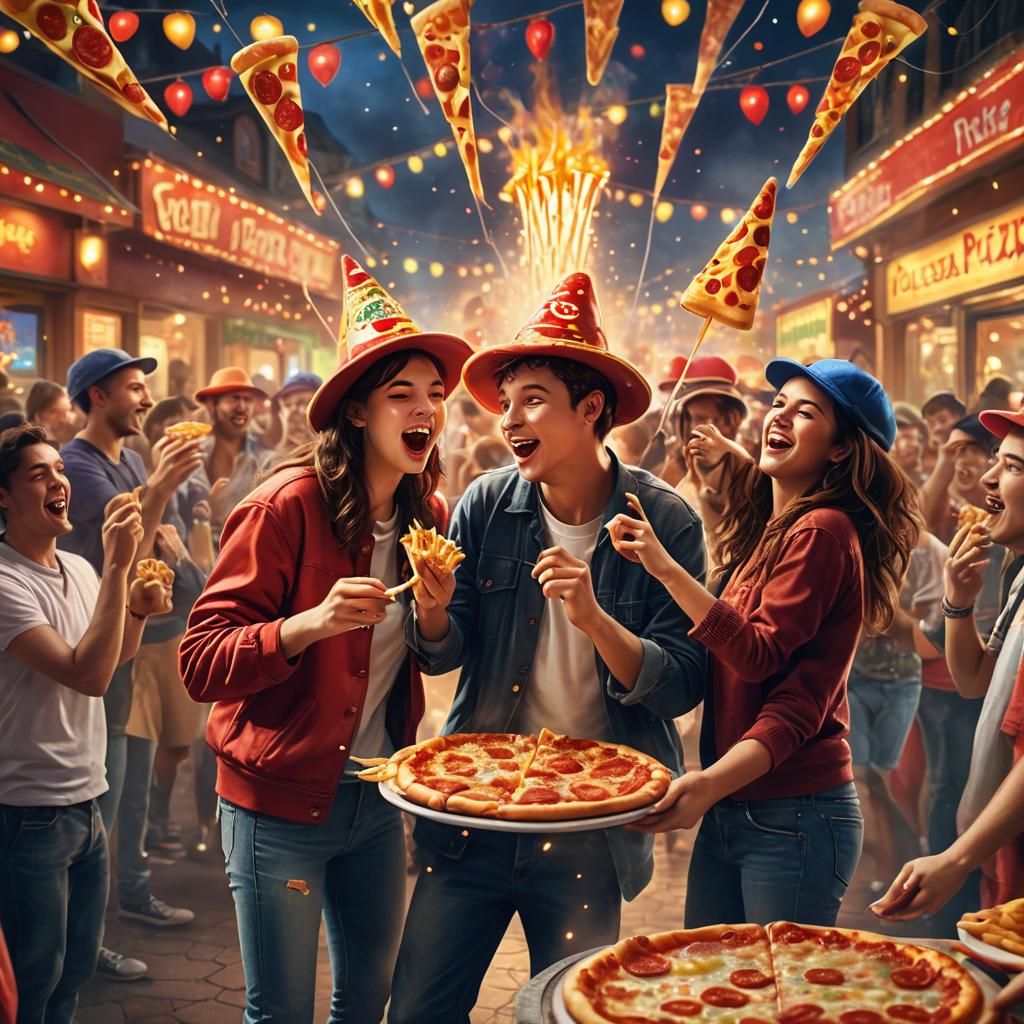 Joyful French Fries Kiss Pizza in Carnival Setting