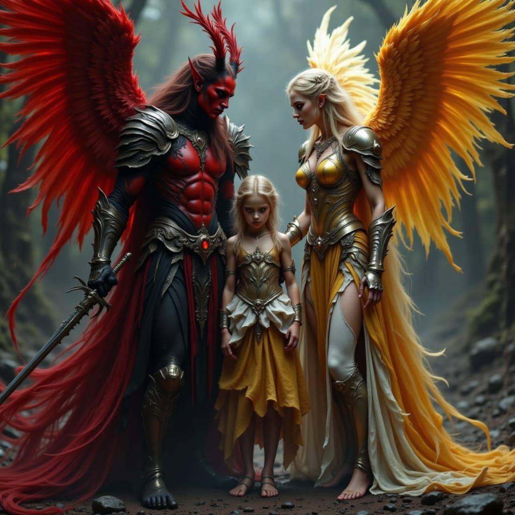 Demon and Angel Guard Child in Surreal Oil Painting
