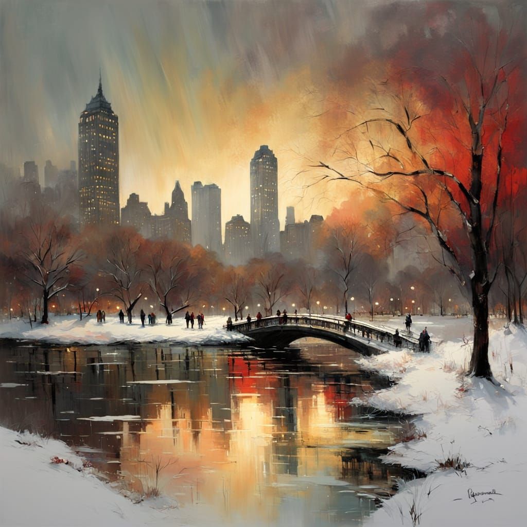 An ethereal and mystical landscape of Central Park in New York with lake and reflections in winter